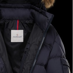 2022 Moncler Marque Short Down Jacket Mens Winter Fur Hooded Puffer Down Coat Outerwear Night Blue