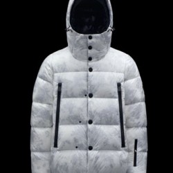 Moncler GRENOBLE Short Nylon Logo Mens Hooded Down Jackets Grey White