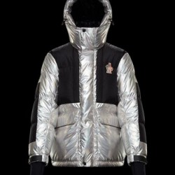 Moncler GRENOBLE Short Nylon Logo Mens Hooded Down Jackets Silver Black