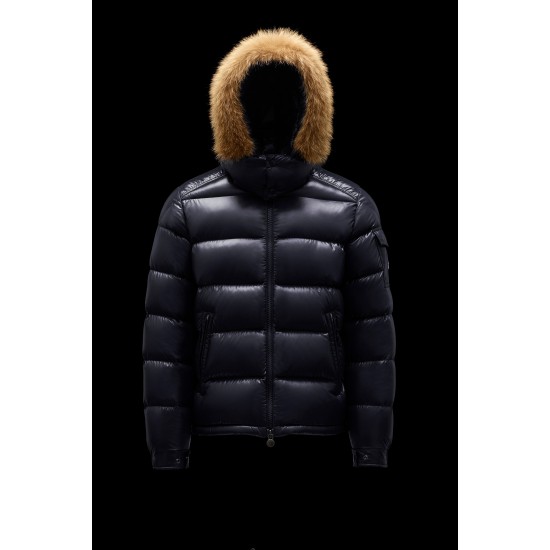 Moncler Maya Fur Short Quilted Down Jackets Mens Hooded Puffer Coat Winter Outwear Night Blue