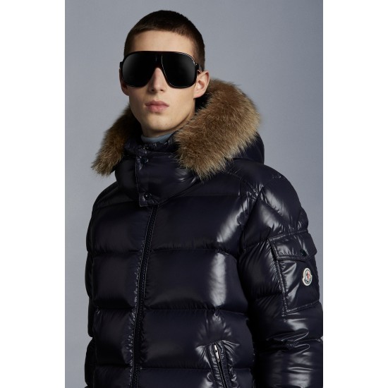 Moncler Maya Fur Short Quilted Down Jackets Mens Hooded Puffer Coat Winter Outwear Night Blue