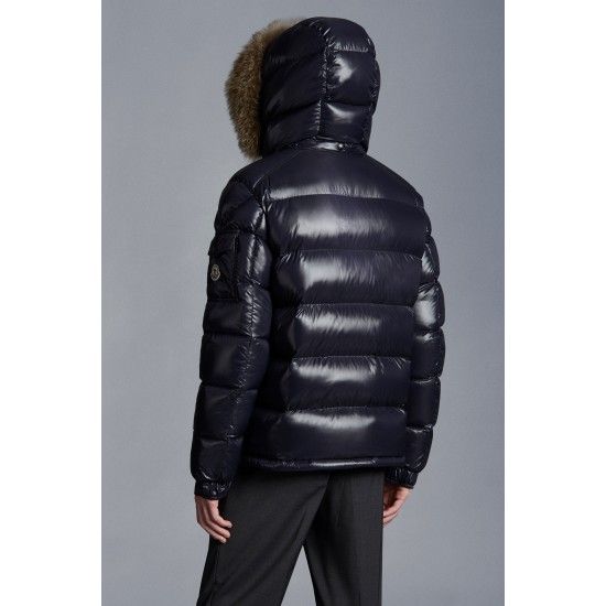 Moncler Maya Fur Short Quilted Down Jackets Mens Hooded Puffer Coat Winter Outwear Night Blue