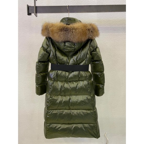 Moncler Down Jacket Women Long Coat Winter Ourtwear With Fur Collar Hat Army Green