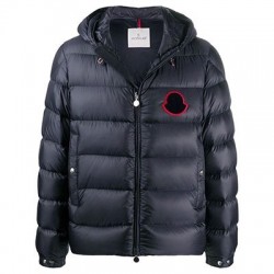 Moncler Logo Patch Hooded Down Puffer Jacket Mens Down Coat Winter Outwear Dark Blue 