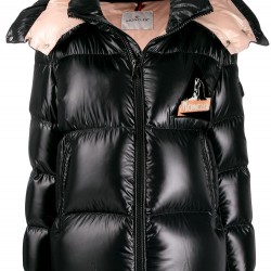 Moncler Wilson Logo Patch Down Puffer Jacket Womens Hooded Down Coat Winter Outwear Black Pink 